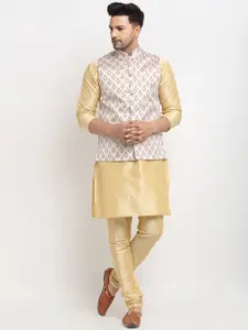 Kaifoo Men Gold-Toned Solid Kurta With Churidar & Nehru Jacket