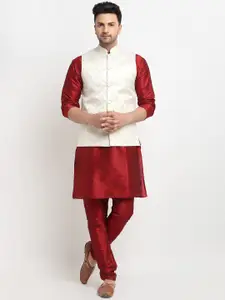 Kaifoo Men Maroon Solid Kurta With Churidar & Nehru Jacket