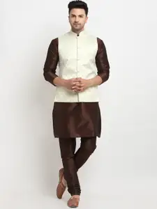 Kaifoo Men Brown Solid Kurta With Churidar & Nehru Jacket