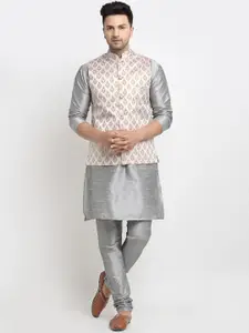 Kaifoo Men Beige Kurta with Churidar & Nehru Jacket