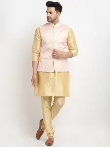 Kaifoo Men Gold-Toned Solid Kurta With Churidar & Nehru Jacket