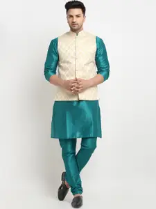 Kaifoo Men Beige Kurta with Churidar & Nehru Jacket