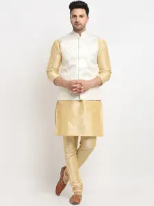 Kaifoo Men Gold-Toned Solid Kurta With Churidar & Nehru Jacket