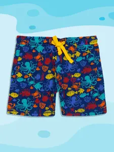 H By Hamleys Boys Navy Blue Animal Print Regular Fit Mid-Rise Pure Cotton Shorts