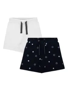 My Milestones Girls White & Navy Blue Pack of 2 Conversational Printed Low-Rise Shorts