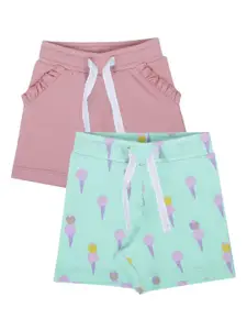 My Milestones Girls Peach-Coloured & Sea Green Set Of 2 Printed Pure Cotton Low-Rise Shorts