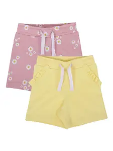 My Milestones Girls Yellow & Rose Set Of 2 Floral Printed Pure Cotton Low-Rise Shorts