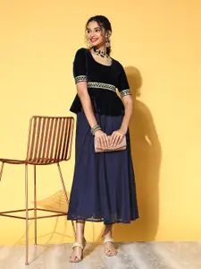 Shae by SASSAFRAS Navy Blue & Golden Ethnic Peplum Midi Dress