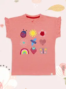 H By Hamleys Girls Peach Pink Conversational Print Flutter Sleeves Applique Cotton Top