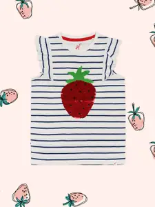 H By Hamleys Girls White & Navy Blue Striped Pure Cotton Top