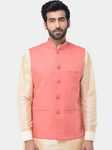 SG LEMAN Men Peach-Coloured Solid Pure Cotton Nehru Jackets