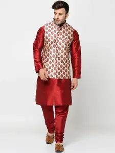 Kaifoo Men Maroon Kurta with Churidar & Nehru Jacket