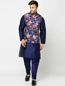 Kaifoo Men Navy Blue Floral Kurta with Churidar & Nehru Jacket