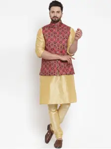 Kaifoo Men Gold-Toned Kurta with Churidar & Nehru Jacket