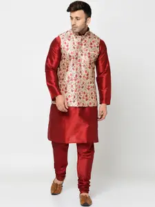 Kaifoo Men Maroon Kurta with Churidar & Nehru Jacket