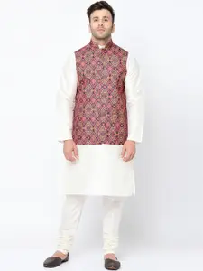 Kaifoo Men White Paisley Kurta with Churidar & Nehru Jacket