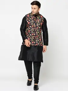 Kaifoo Men Black Kurta with Churidar & Nehru Jacket