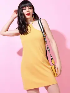 Tokyo Talkies Mustard Yellow Asymmetrical Shoulder Sheath Dress