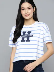 Harvard Women Brand Logo Striped Drop-Shoulder Sleeves Pure Cotton T-shirt