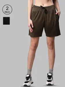 VIMAL JONNEY Women Black & Olive Set Of 2 Sports Shorts