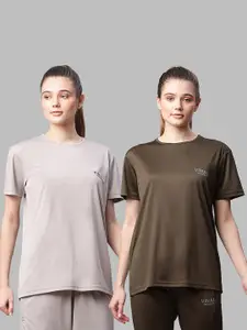 MACK JONNEY JONNEY Women Pack of 2 Grey Melange & Olive Green T-shirts