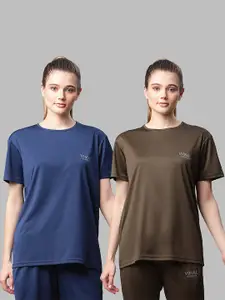 MACK JONNEY JONNEY Women Set Of 2 Olive Green & Navy Blue Solid T-shirt