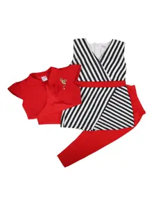 V-Mart Girls Red Striped Pure Cotton Top with Leggings