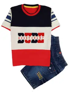 V-Mart Boys Red & Blue Printed Pure Cotton T-shirt with Shorts