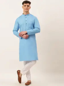 Jompers Men Turquoise Blue Angrakha Pure Cotton Kurta with Pyjamas