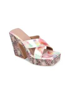 Truffle Collection Women Multicoloured Printed PU Block Sandals