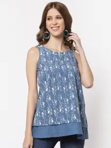 KAMI KUBI Women Blue & Off White Floral Printed Layered Cotton Top