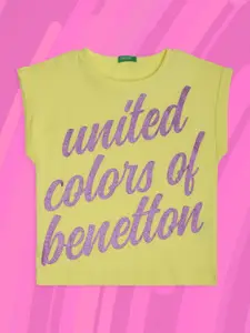United Colors of Benetton Girls Yellow Typography Printed Extended Sleeves T-shirt