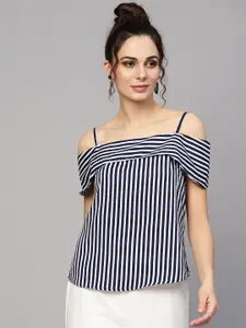 SASSAFRAS Women Navy Blue & White Striped Top