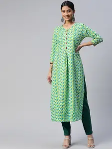 SVARCHI Women Teal Green & Yellow Geometric Printed Cotton Kurta