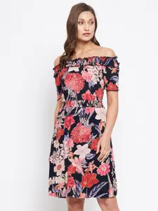 PURYS Women Black & Peach-Coloured Floral Off-Shoulder Crepe A-Line Dress
