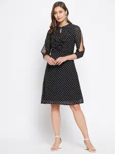 PURYS Black Polka Dots Printed Tie-Up Neck Georgette Dress