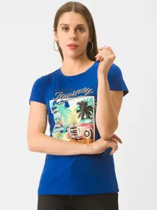 Globus Women Blue Abstract Printed Tropical T-shirt