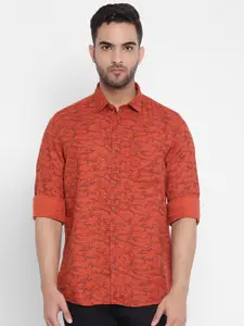 Turtle Men Orange Slim Fit Abstract Printed Cotton Casual Shirt