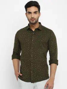 Turtle Men Olive Green Skinny Fit Micro Ditsy Printed Cotton Casual Shirt
