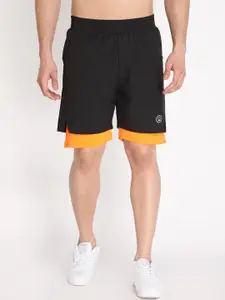 CHKOKKO Men Black Solid Mid Rise  Double Layered Regular Fit Running Sports Shorts