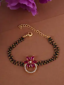 Voylla Women Red & Black American Diamond CZ Gold Plated Leaf Mangalsutra Bracelet
