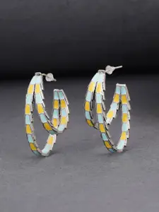 Voylla Yellow & Blue Silver-Plated Half Hoop Earrings