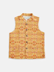 indus route by Pantaloons Boys Mustard Yellow Printed Nehru Jacket