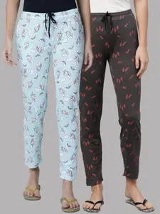 Kryptic Women Blue & Charcoal Grey Pack of 2 Printed Cotton Lounge Pants