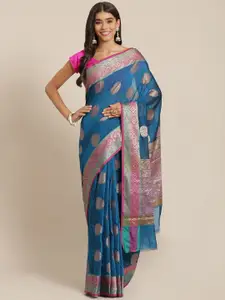 Banarasi Style Teal Blue & Golden Ethnic Motifs Zari Silk Cotton Banarasi Saree