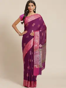 Banarasi Style Purple & Golden Ethnic Motifs Silk Cotton Banarasi Saree