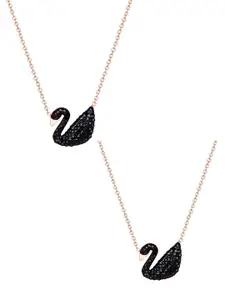Vembley Set of 2 Gold-Plated Black CZ Studded Swan Pendant Necklaces