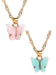 Vembley Set of 2 Gold-Plated CZ Studded Butterfly Pendant Necklaces