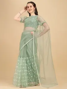 Sangria Green & Off White Floral Embroidered Net Half and Half Saree