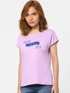 Vero Moda Women Purple Typography Printed Extended Sleeves T-shirt